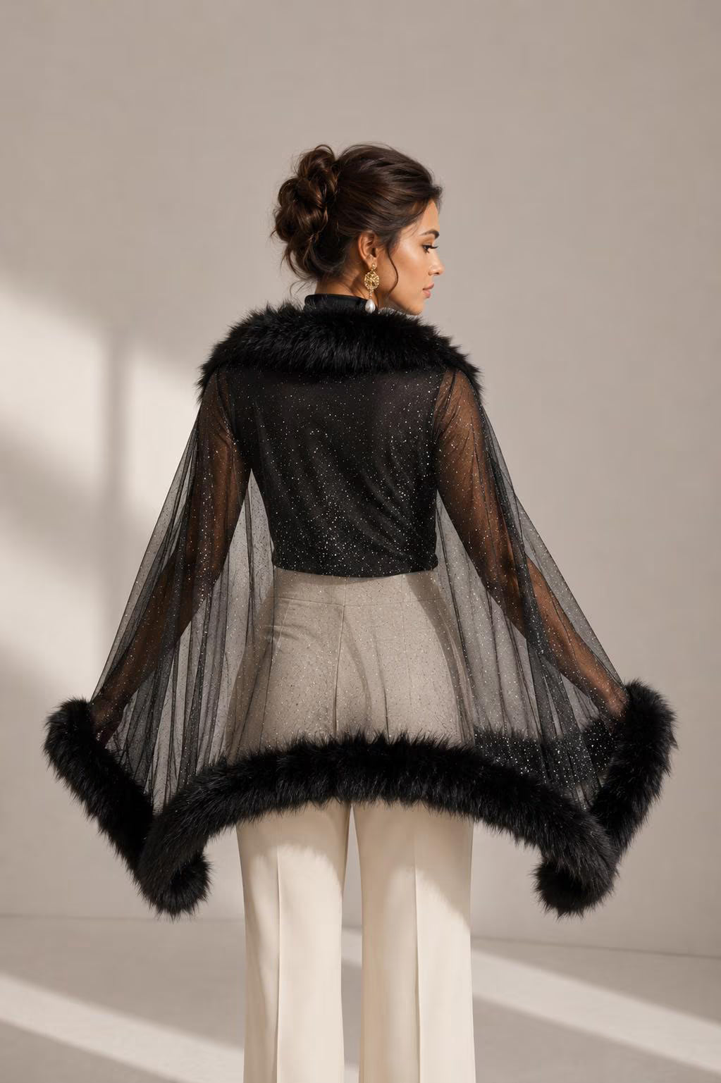 Black Faux Fur and Tulle Shawl