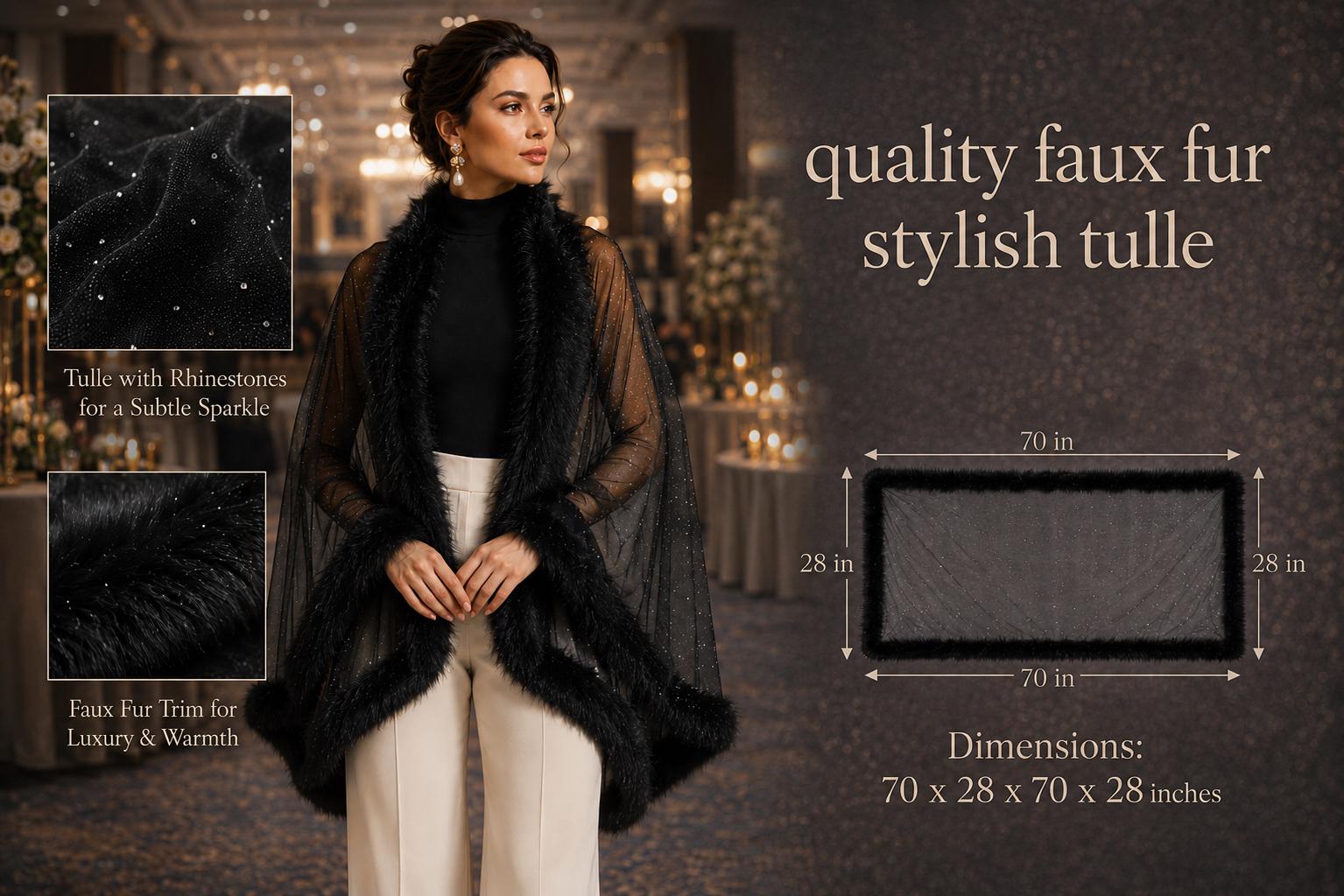 Black Faux Fur and Tulle Shawl