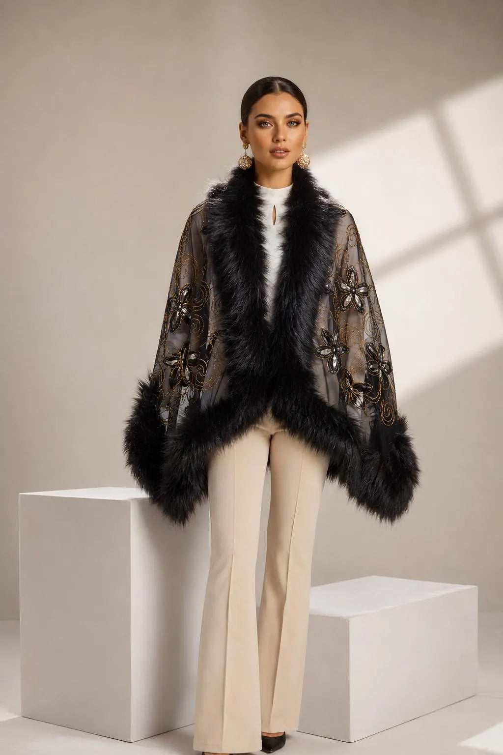 Faux Fur Shawl Embroidered Tulle