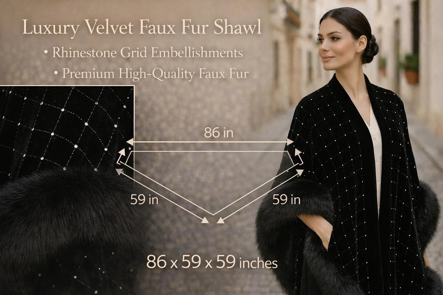 Black Velvet Evening Shawl Fur Trim