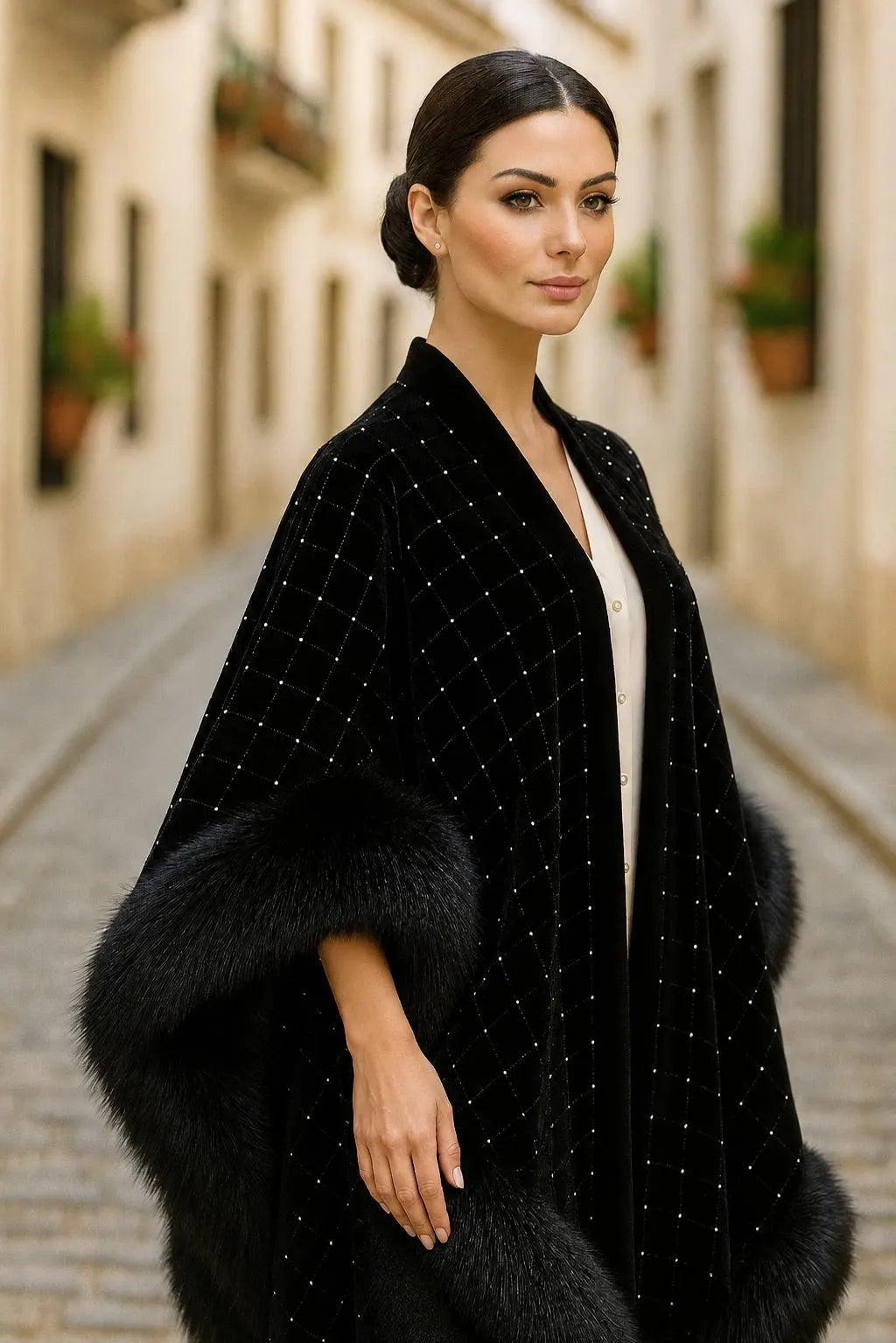 Black Velvet Evening Shawl Fur Trim