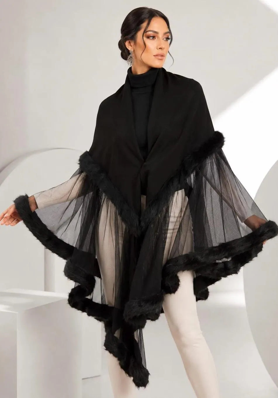 Tulle and Faux fur Knit Shawl
