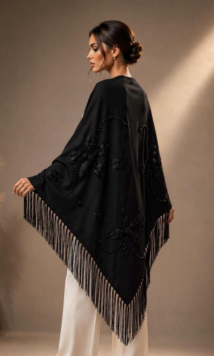 Black Knit Shawl with Handmade Crystal Embellishments