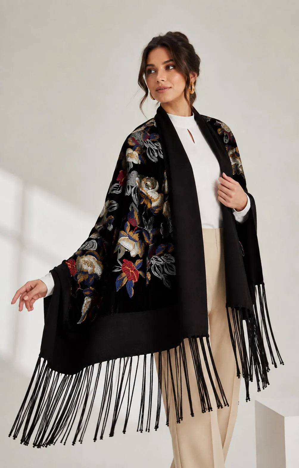 Embroidered Wool Black Floral Evening Scarf