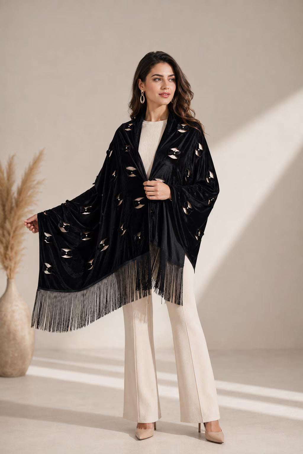 Luxury Velvet Shawl with Handmade Embellishments