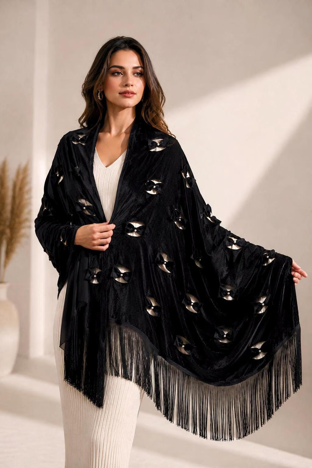 Luxury Velvet Shawl with Handmade Embellishments