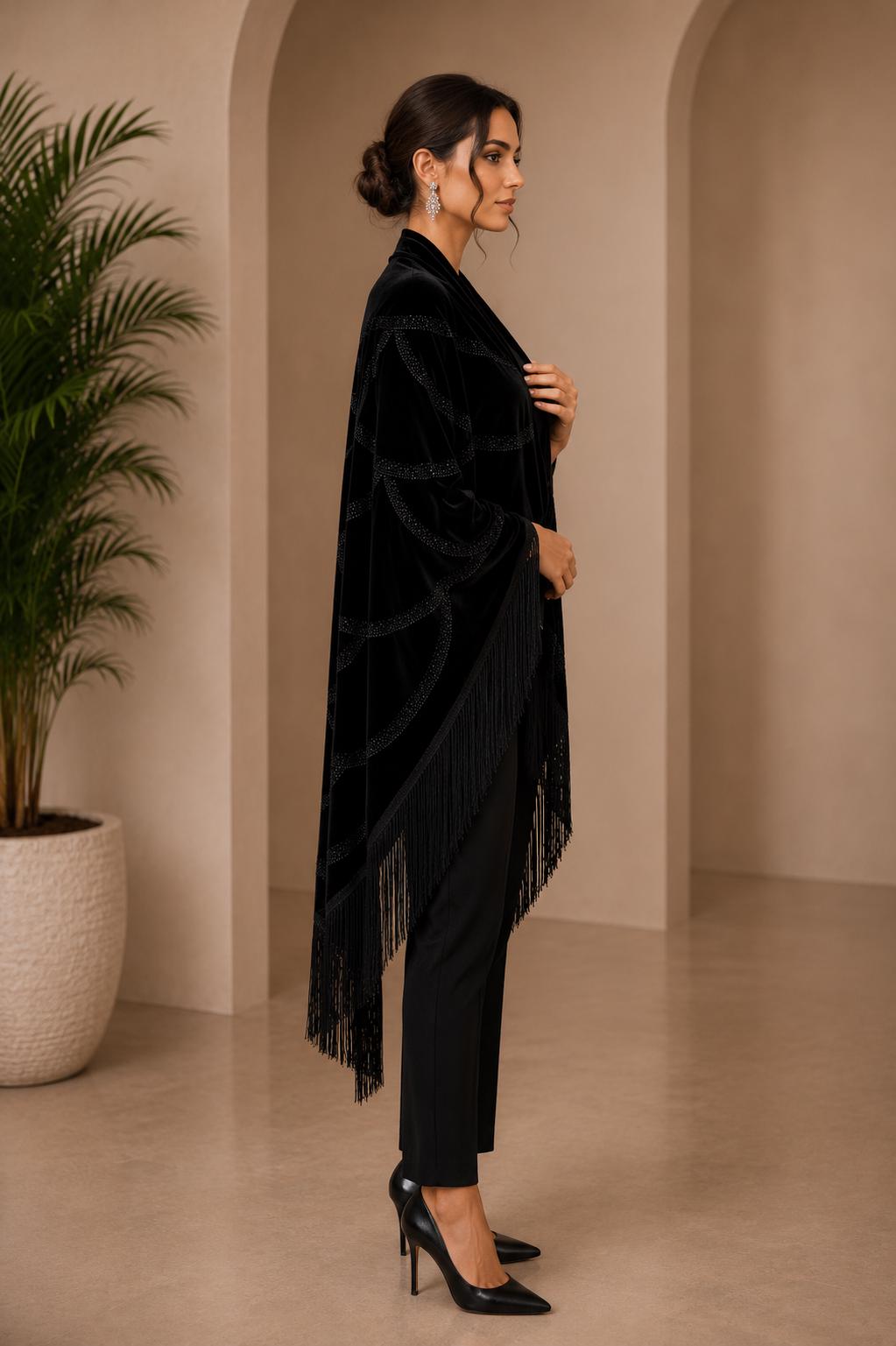 Black Velvet Shawl with Crystal Stone