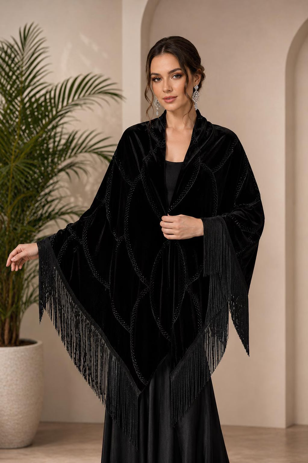 Black Velvet Shawl with Crystal Stone