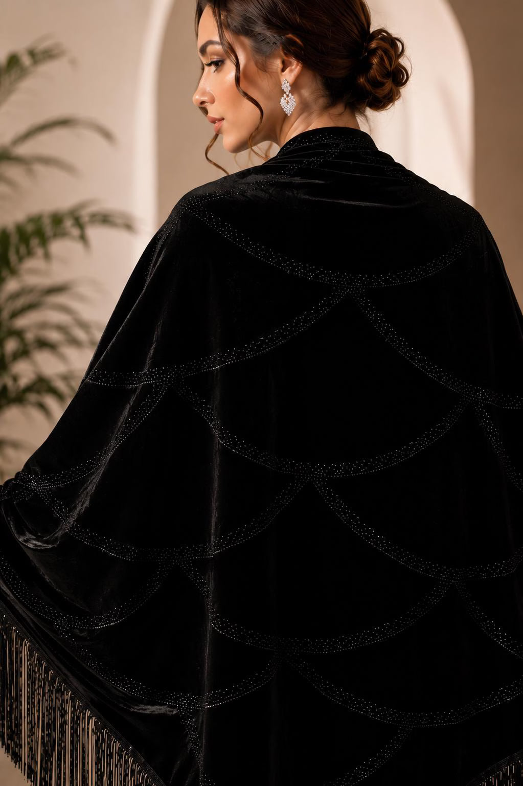 Black Velvet Shawl with Crystal Stone