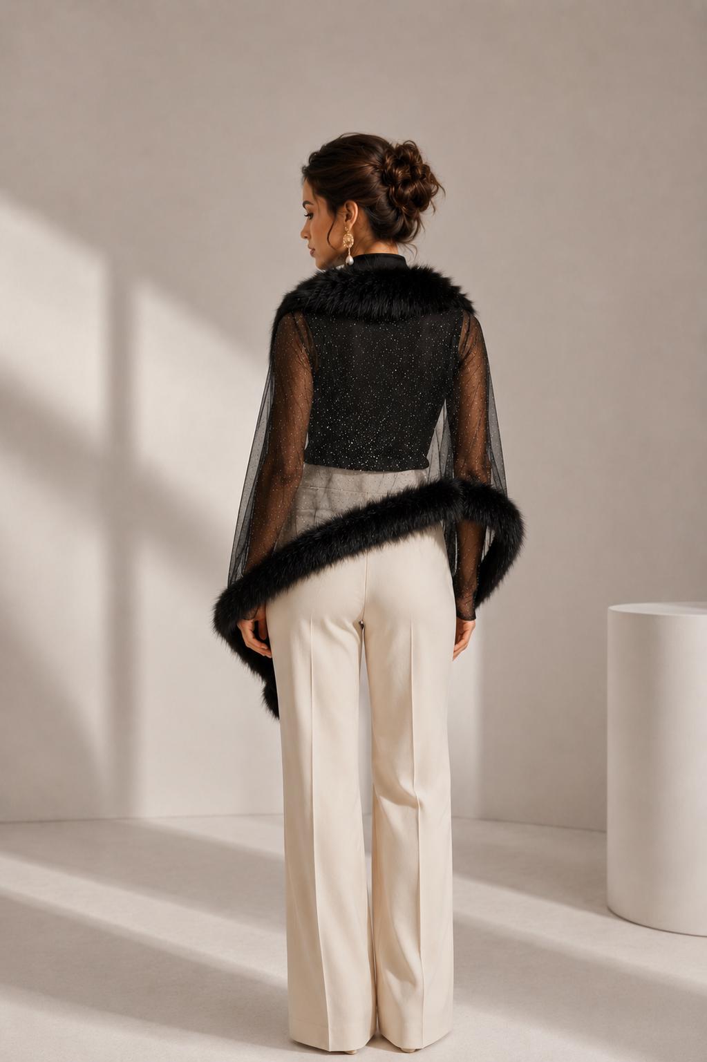 Black Faux Fur and Tulle Shawl