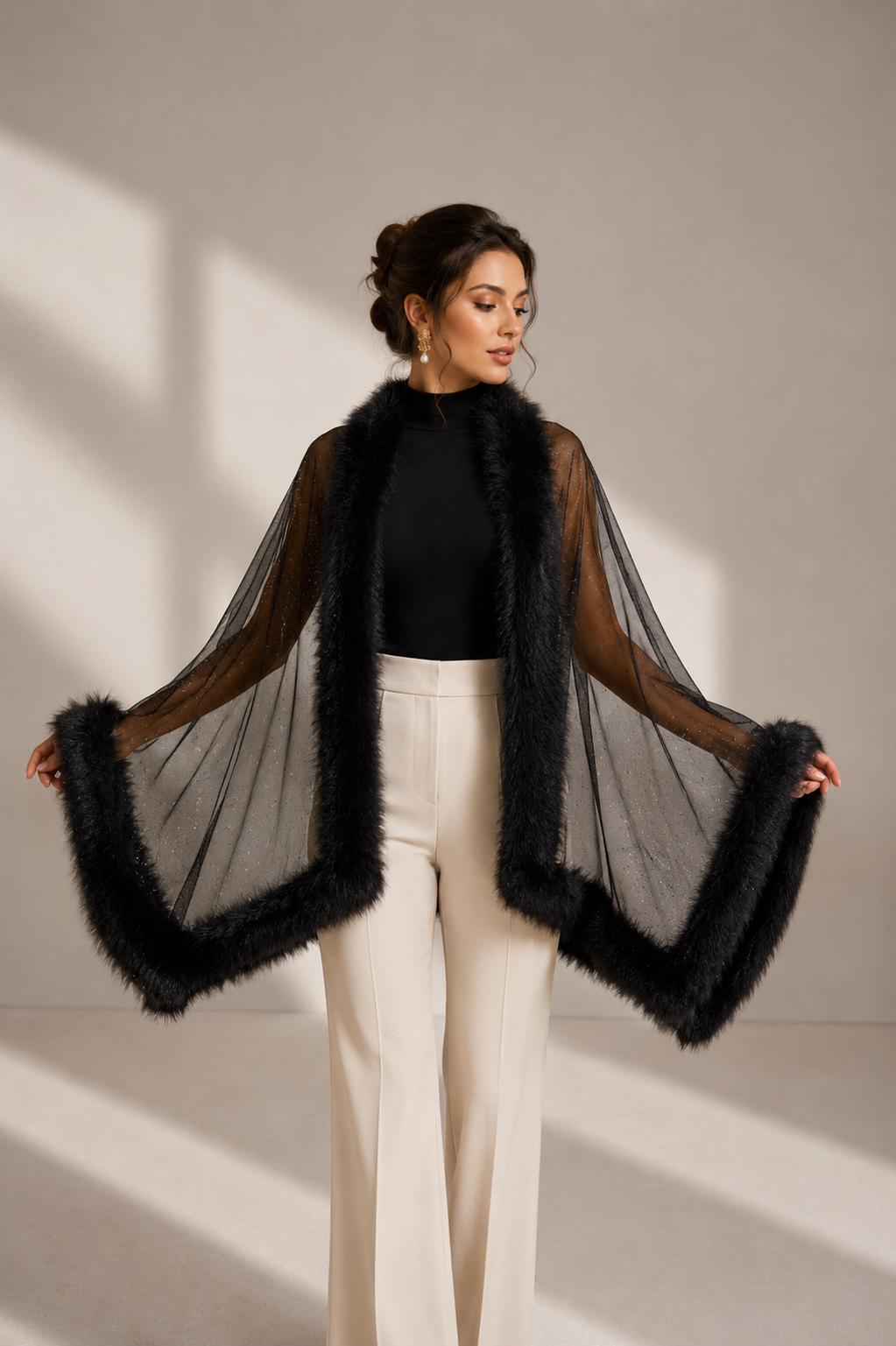 Black Faux Fur and Tulle Shawl
