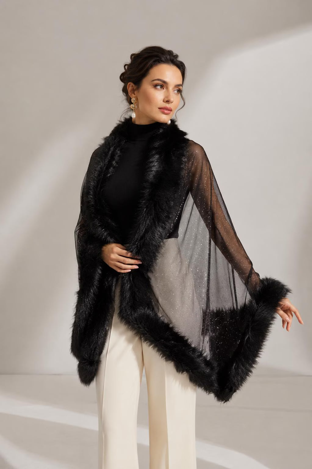 Black Faux Fur and Tulle Shawl