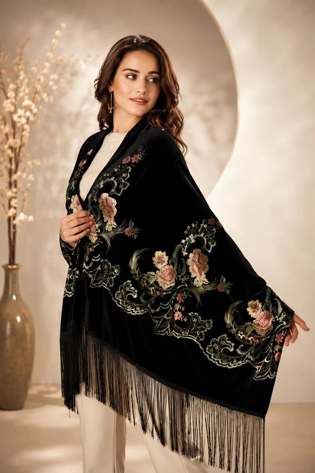 Floral Embroidery Black Velvet Shawl