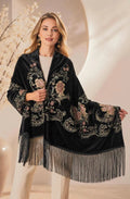 Floral Embroidery Black Velvet Shawl