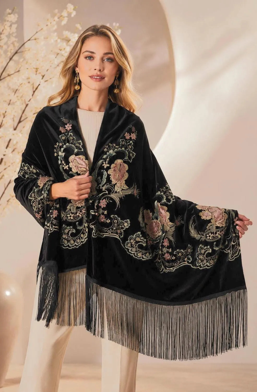 Floral Embroidery Black Velvet Shawl