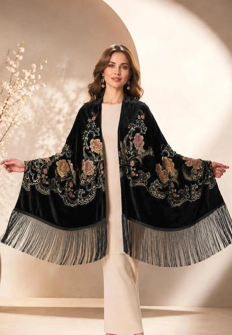 Floral Embroidery Black Velvet Shawl