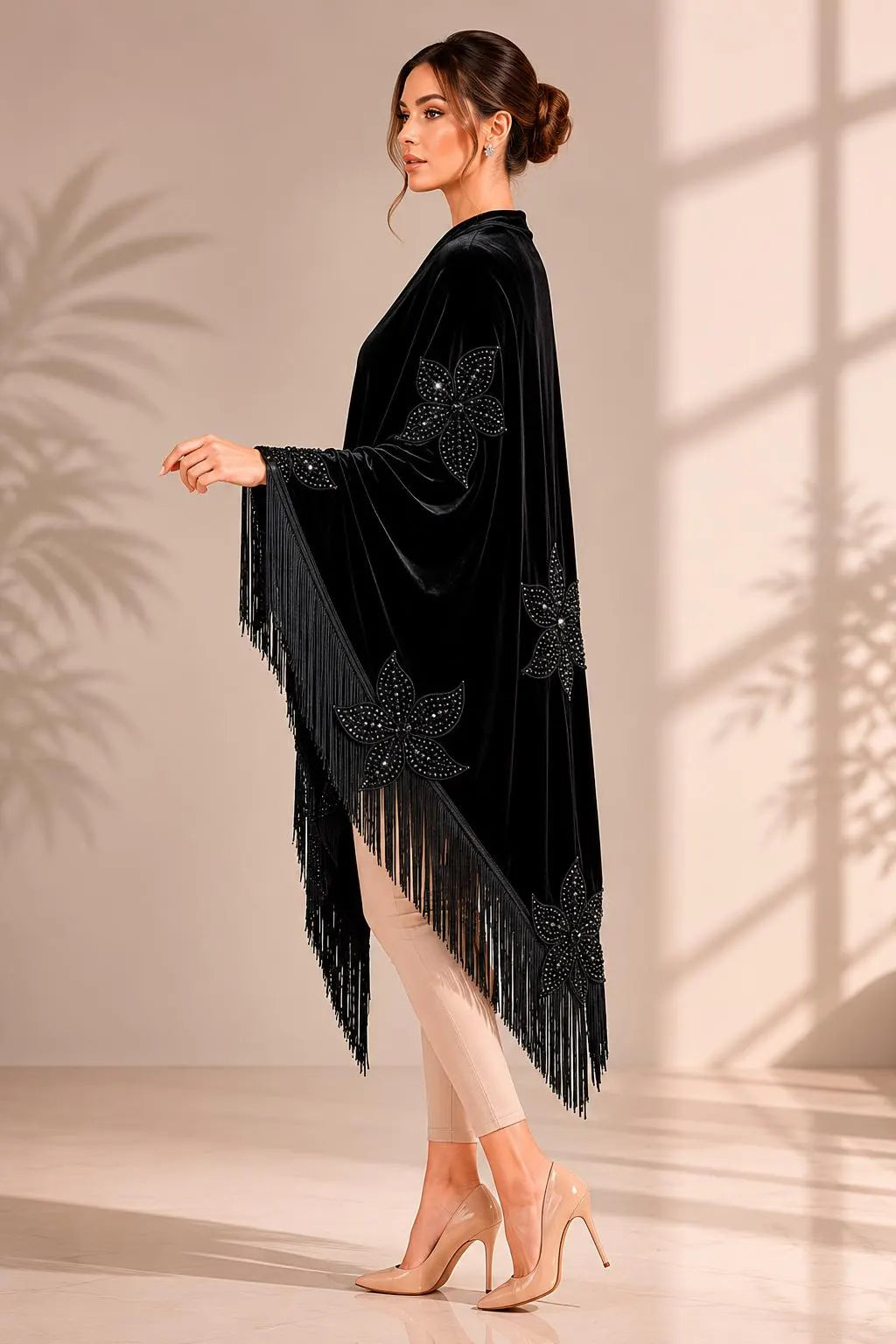Flower Embroidery Black Shawl