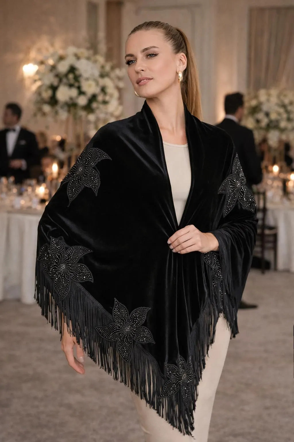 Flower Embroidery Black Shawl