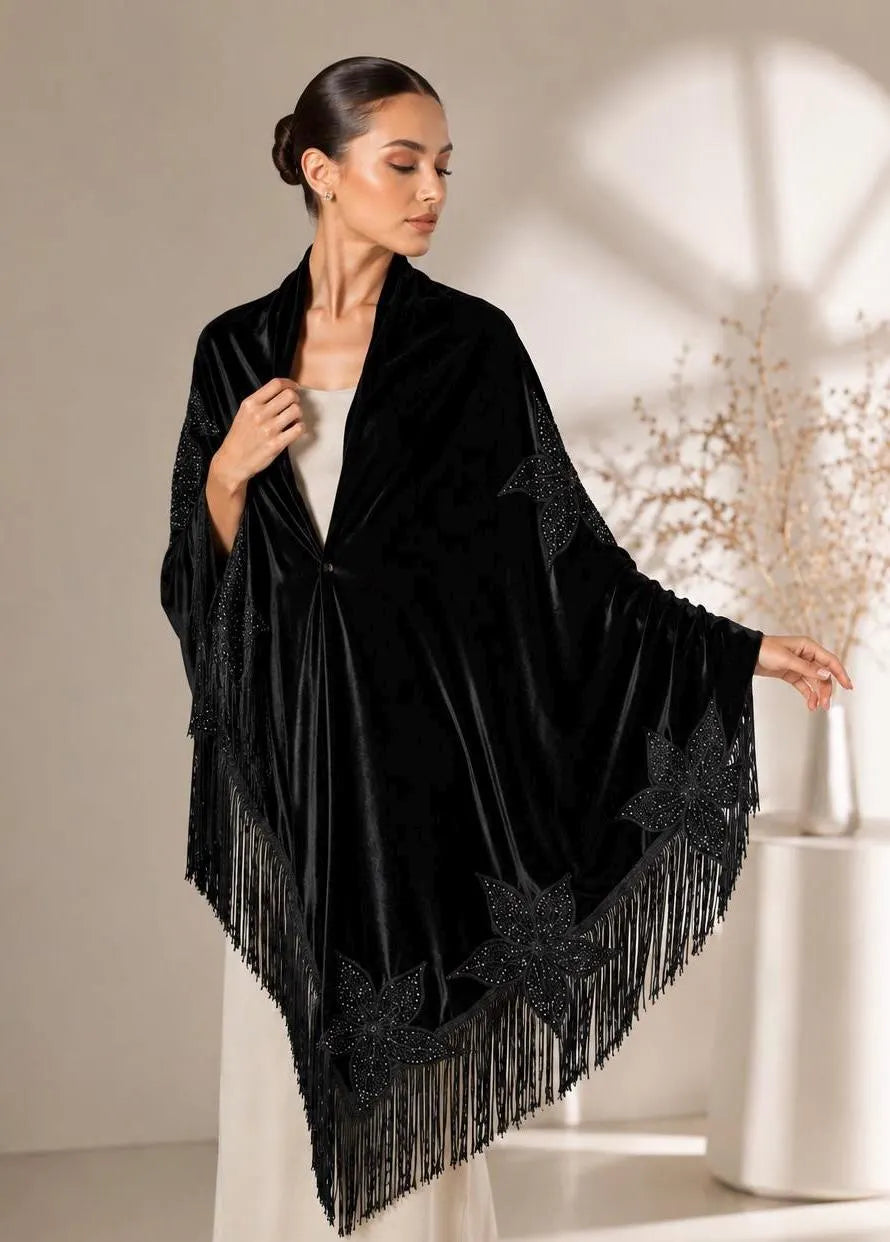 Flower Embroidery Black Shawl