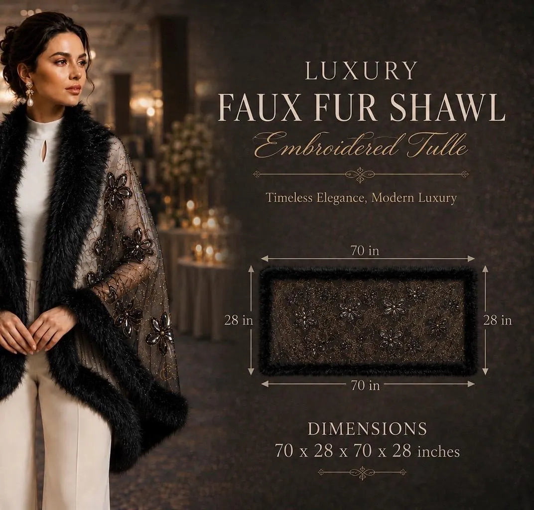 Faux Fur Shawl Embroidered Tulle