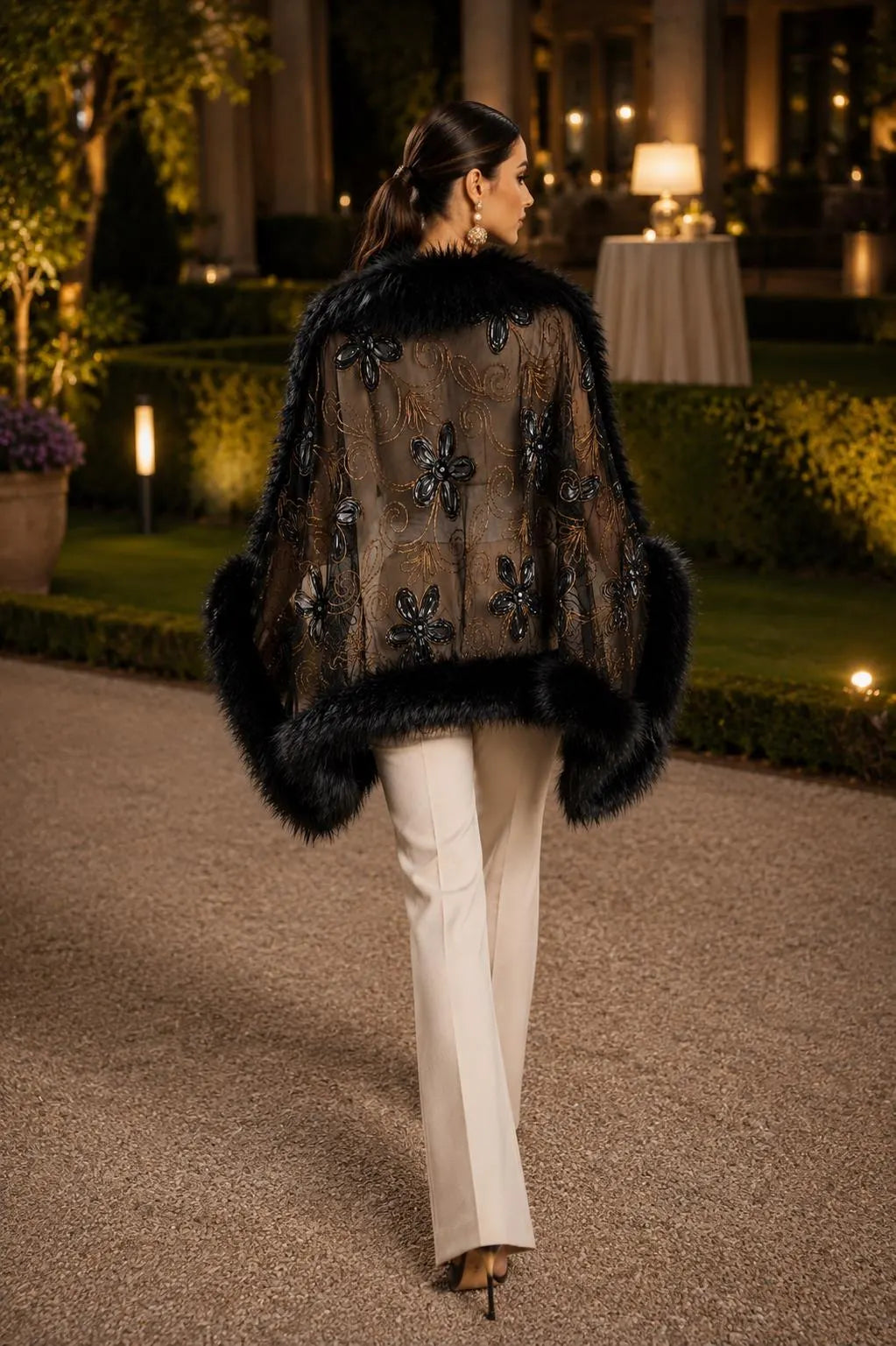 Faux Fur Shawl Embroidered Tulle