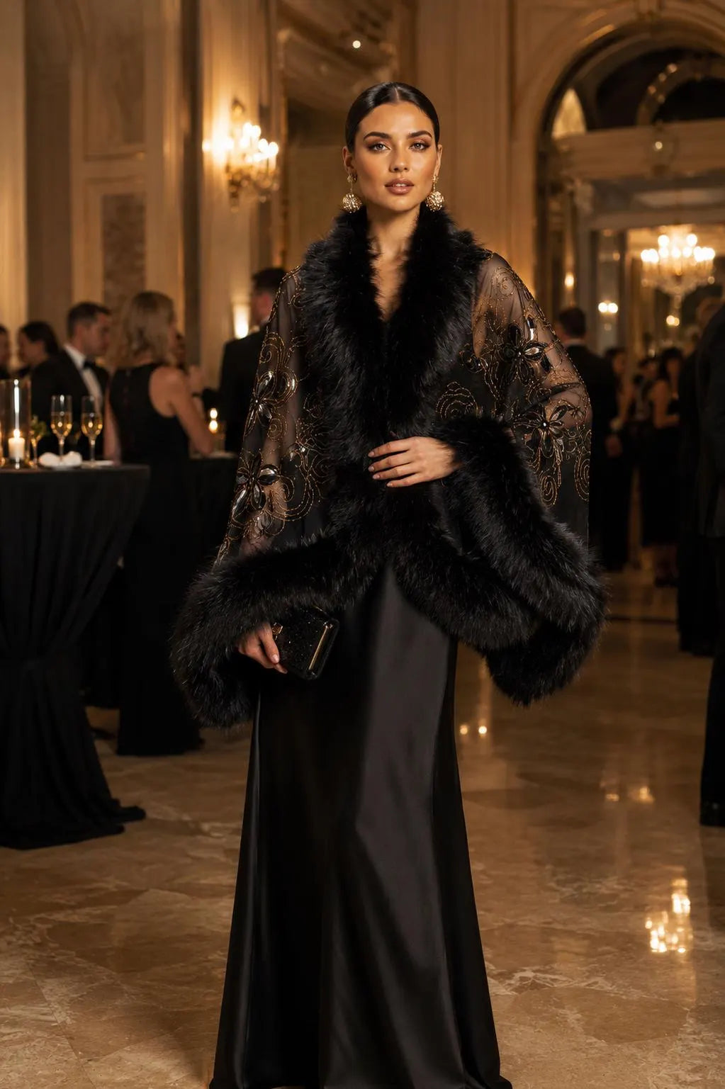 Faux Fur Shawl Embroidered Tulle