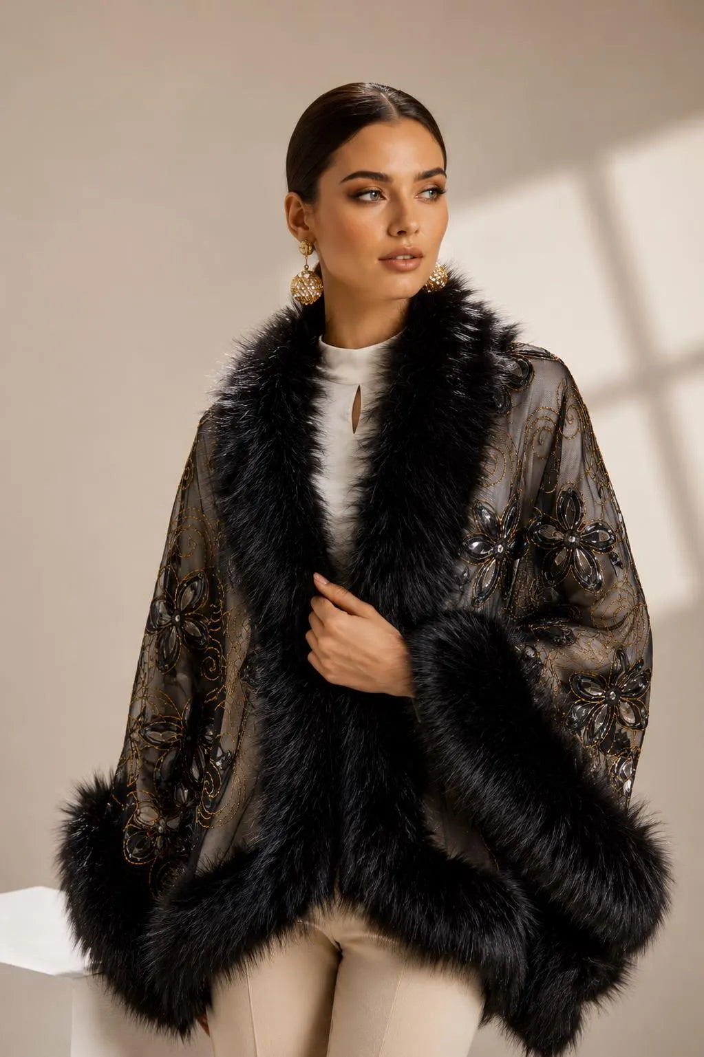 Faux Fur Shawl Embroidered Tulle