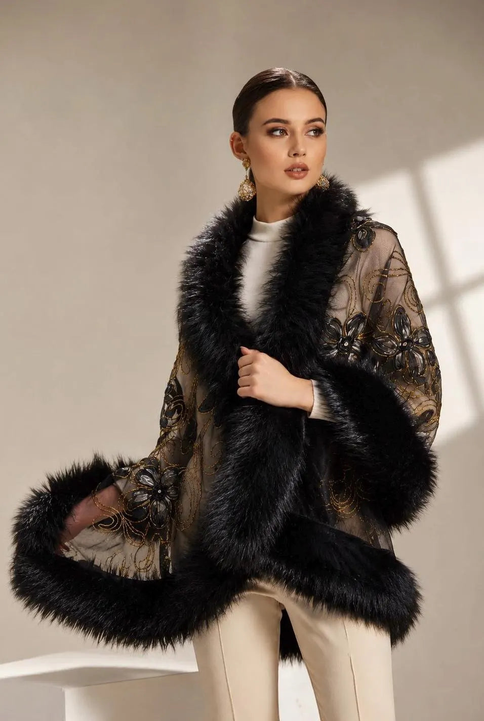Faux Fur Shawl Embroidered Tulle