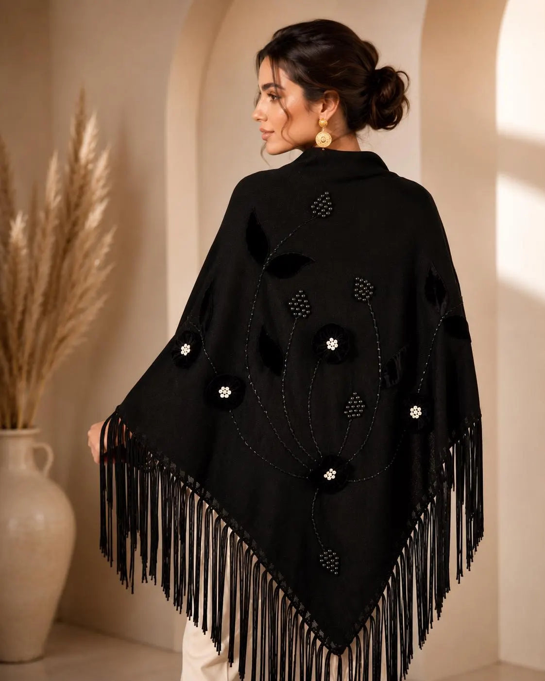 Black Wool Shawl with Velvet Floral Appliqué