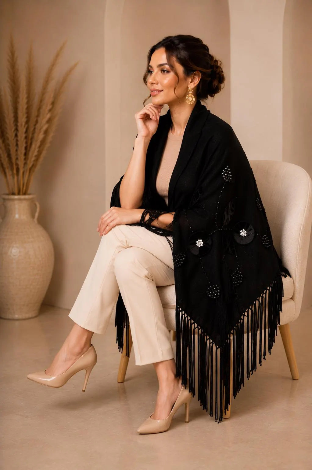 Black Wool Shawl with Velvet Floral Appliqué