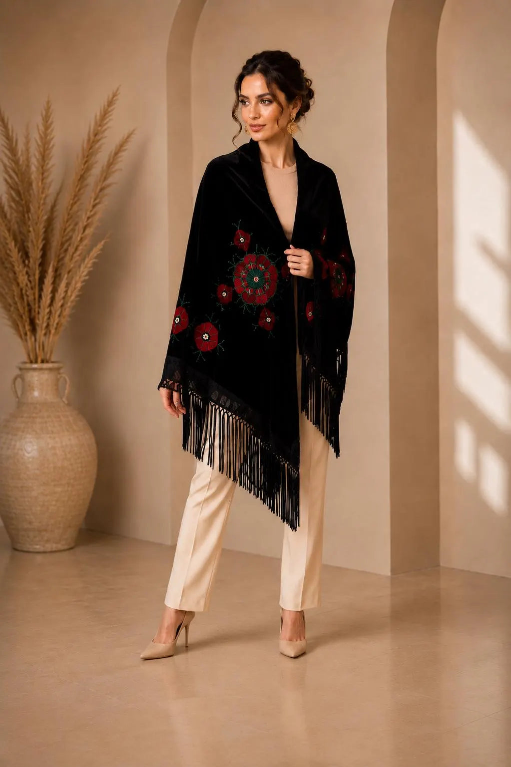 Traditional Embroidery Black Shawl
