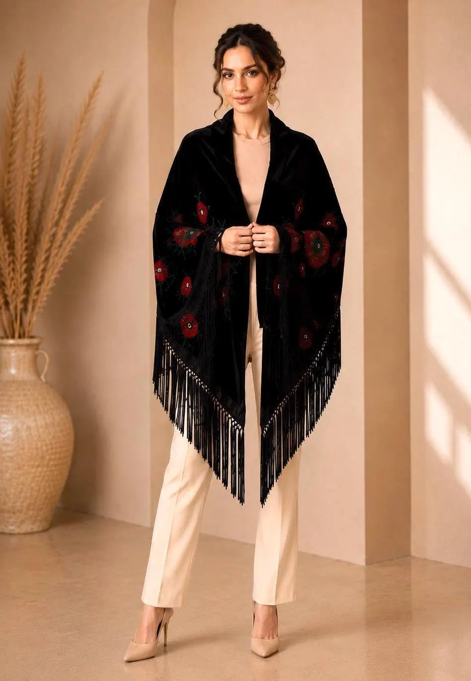 Traditional Embroidery Black Shawl