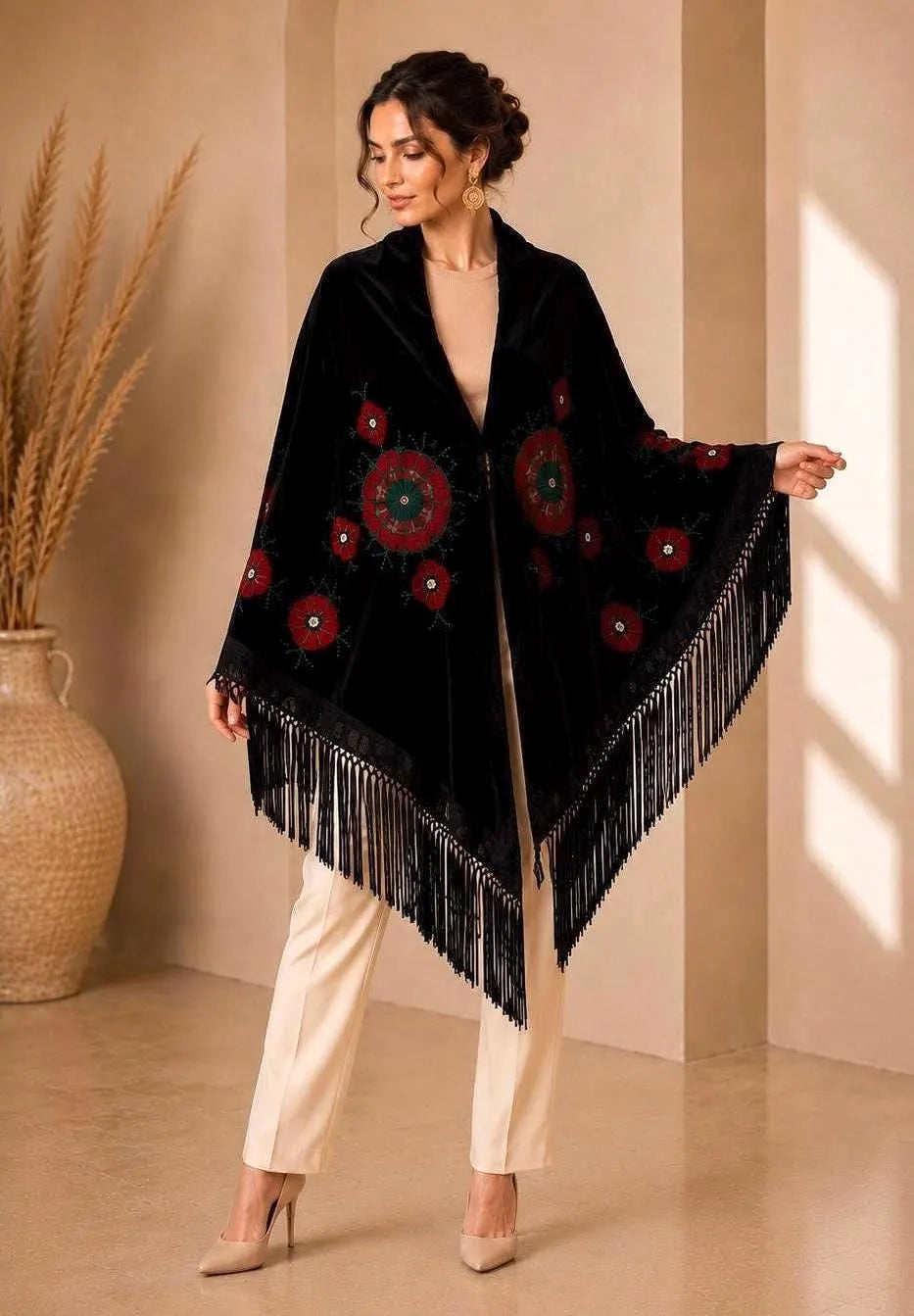 Traditional Embroidery Black Shawl