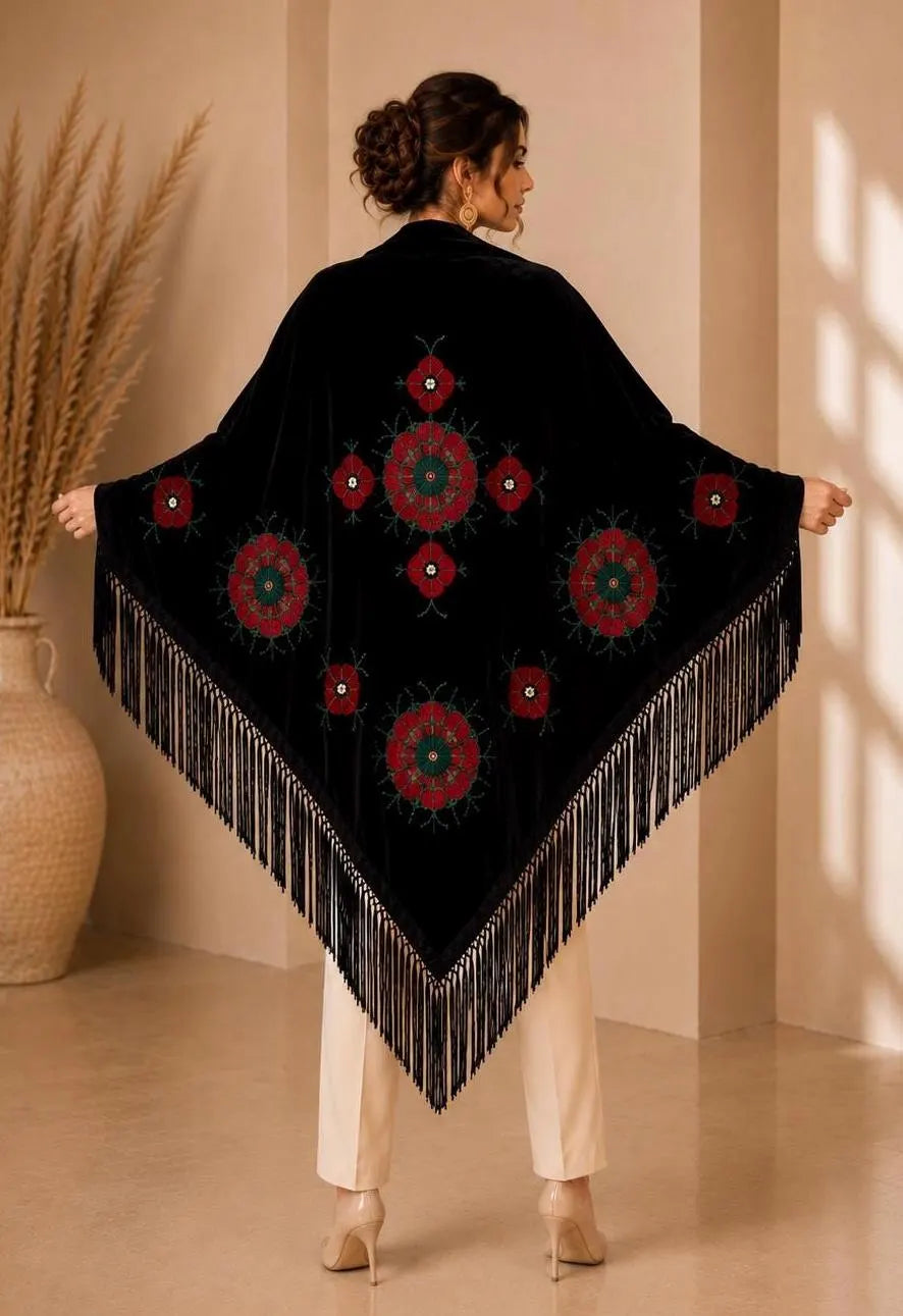 Traditional Embroidery Black Shawl