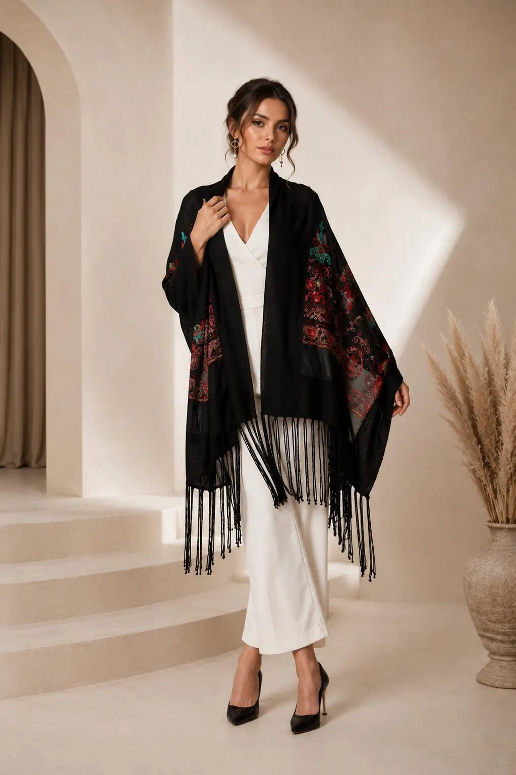 Bohem Embroidered Fringe Shawl