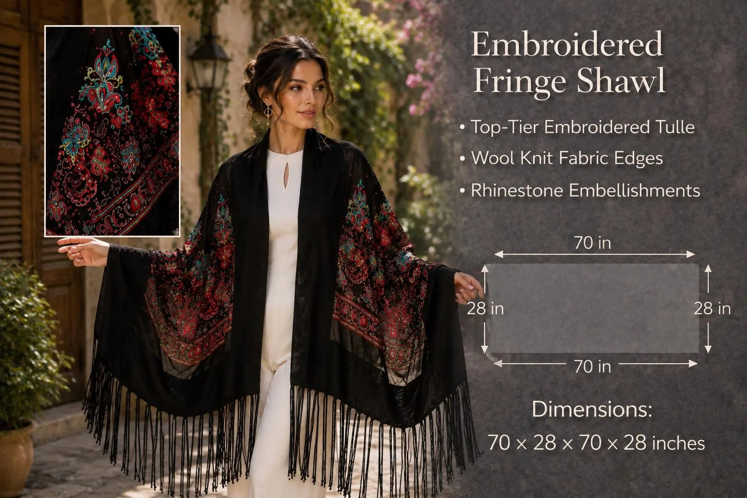 Bohem Embroidered Fringe Shawl