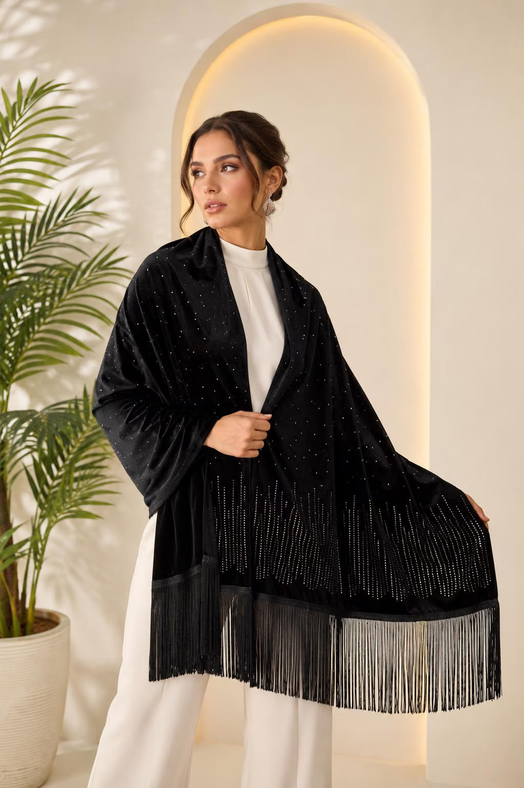 Black Velvet Evening Shawl wit Crystal Embellisments
