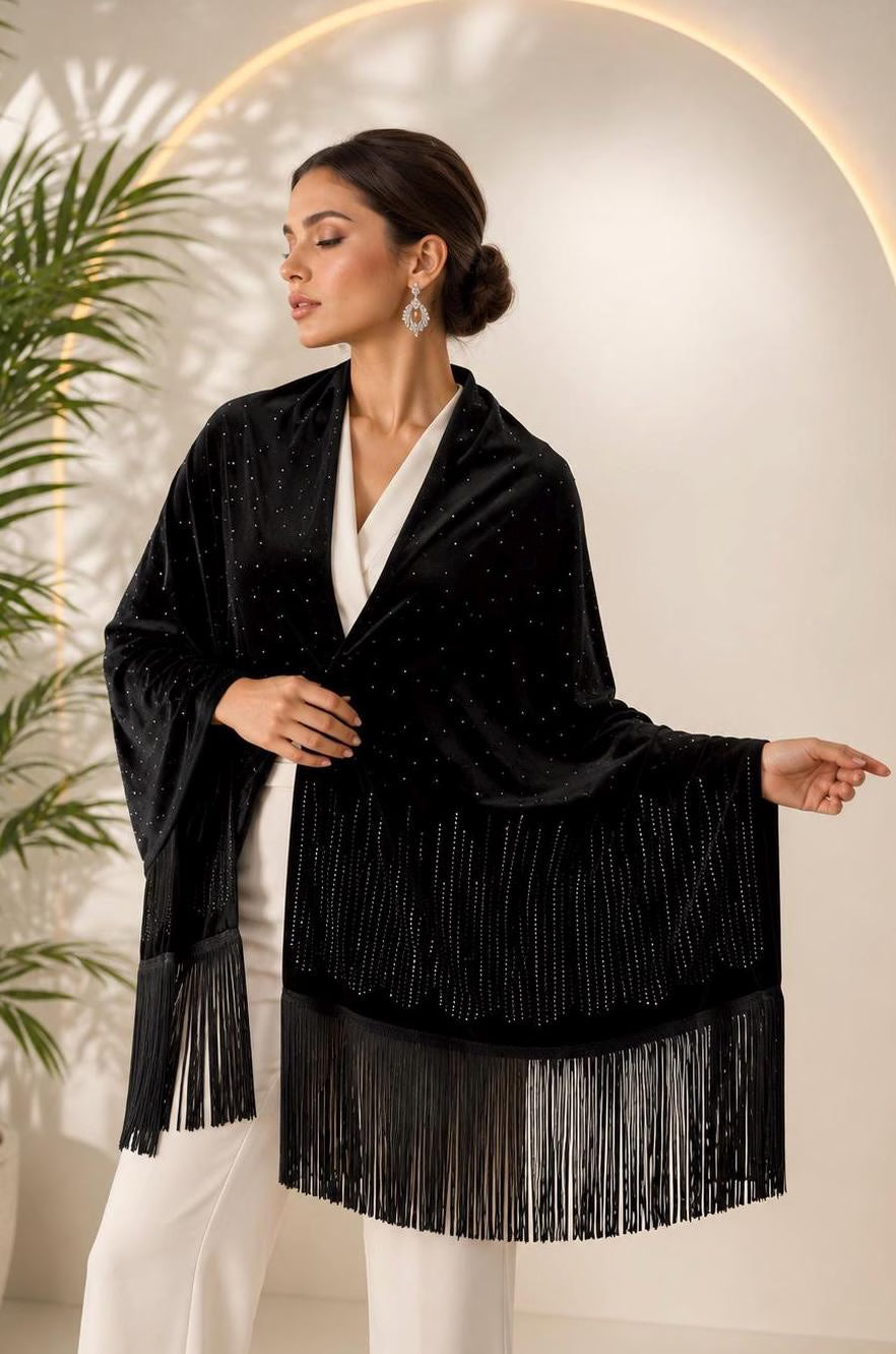 Black Velvet Evening Shawl wit Crystal Embellisments