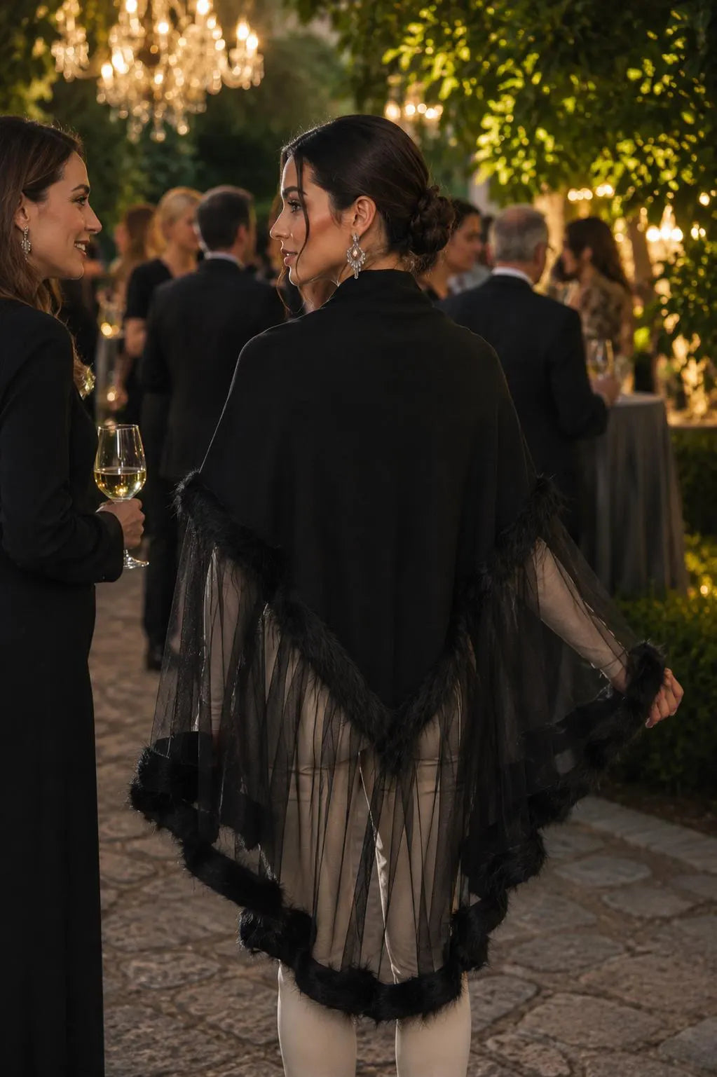 Tulle and Faux fur Knit Shawl