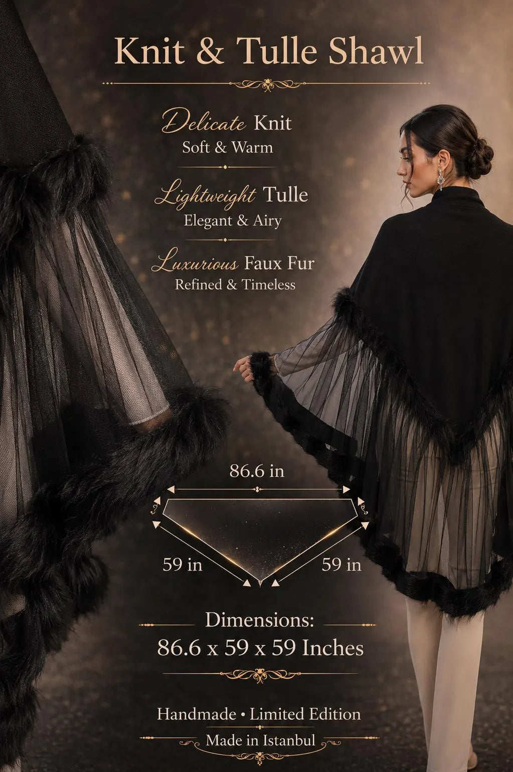 Tulle and Faux fur Knit Shawl