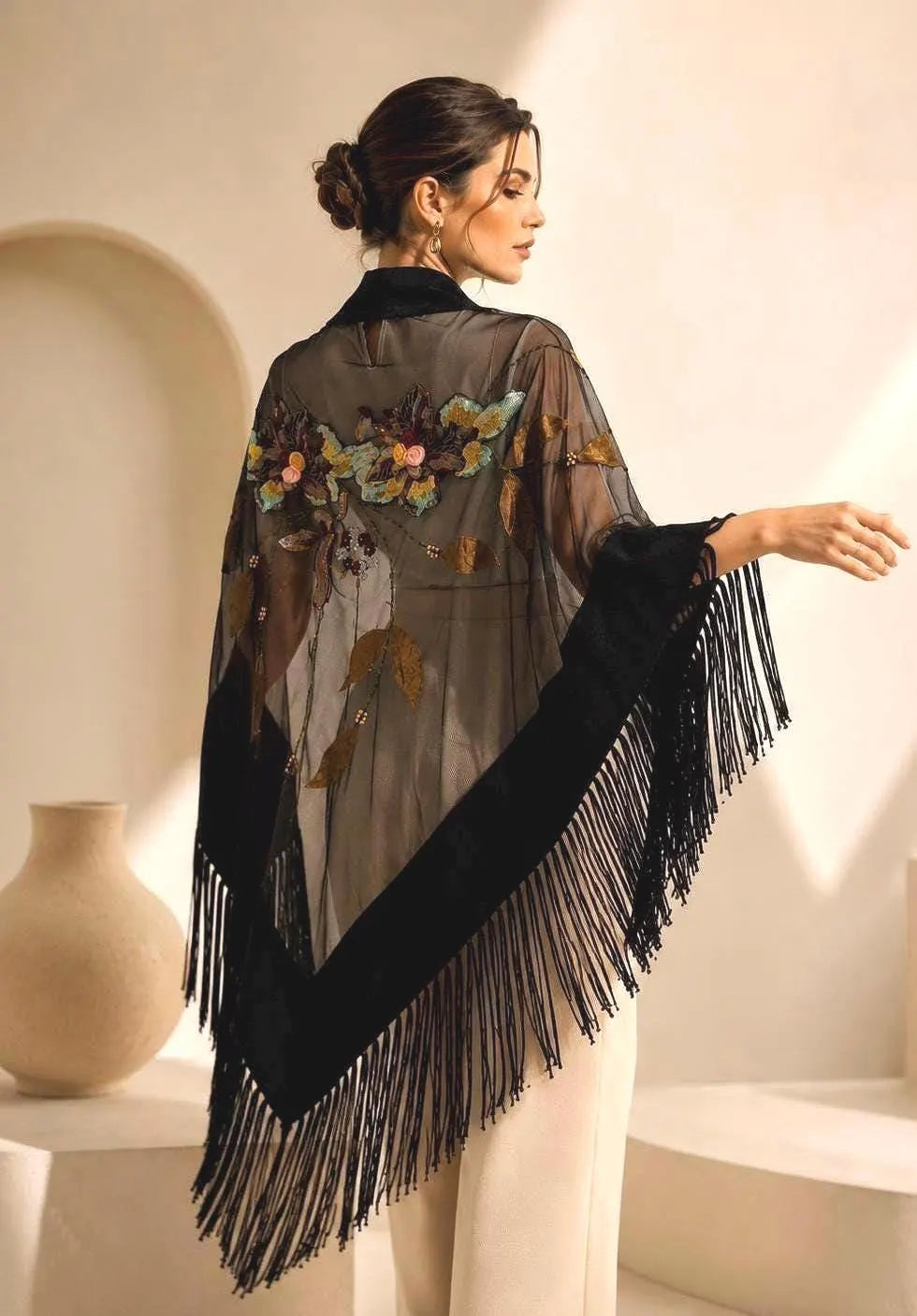 Embroidered Designer Shawl Black Wool and Tulle