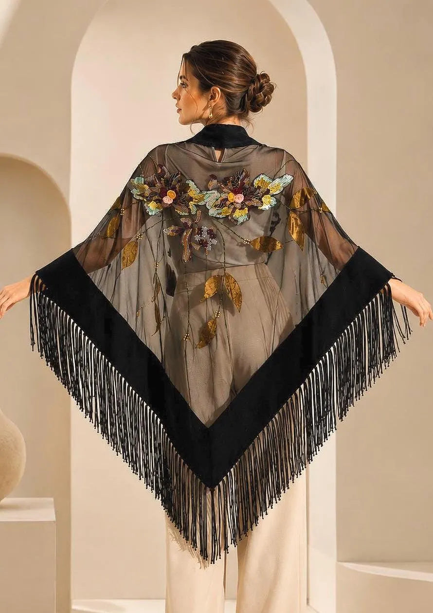 Embroidered Designer Shawl Black Wool and Tulle
