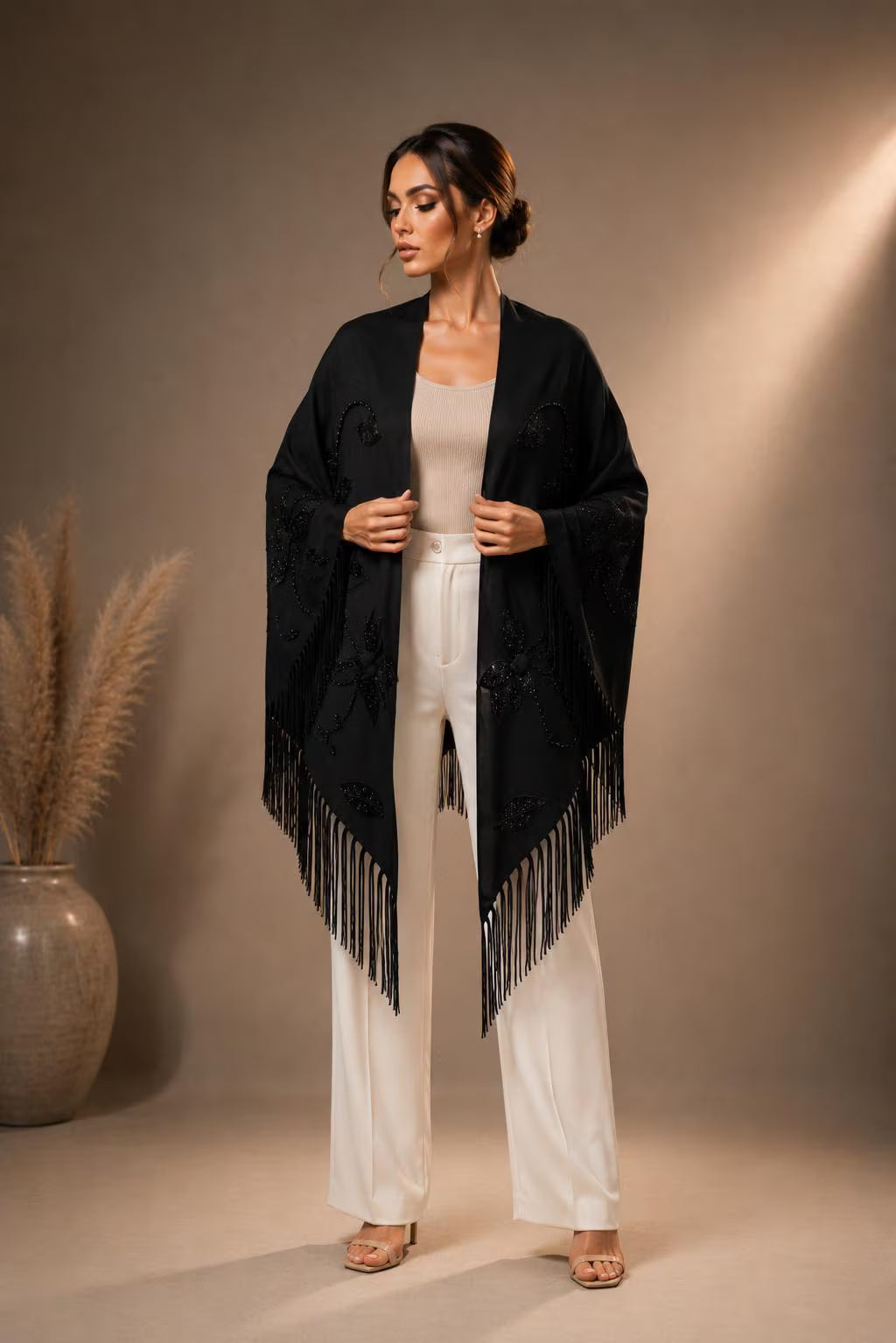 Black Knit Shawl with Handmade Crystal Embellishments