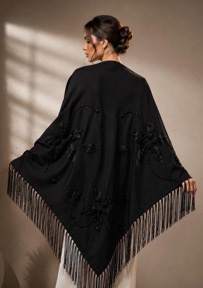 Black Knit Shawl with Handmade Crystal Embellishments