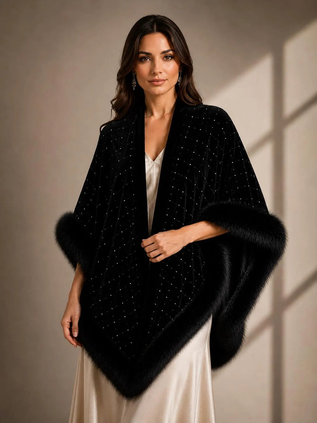 Black Velvet Evening Shawl Fur Trim