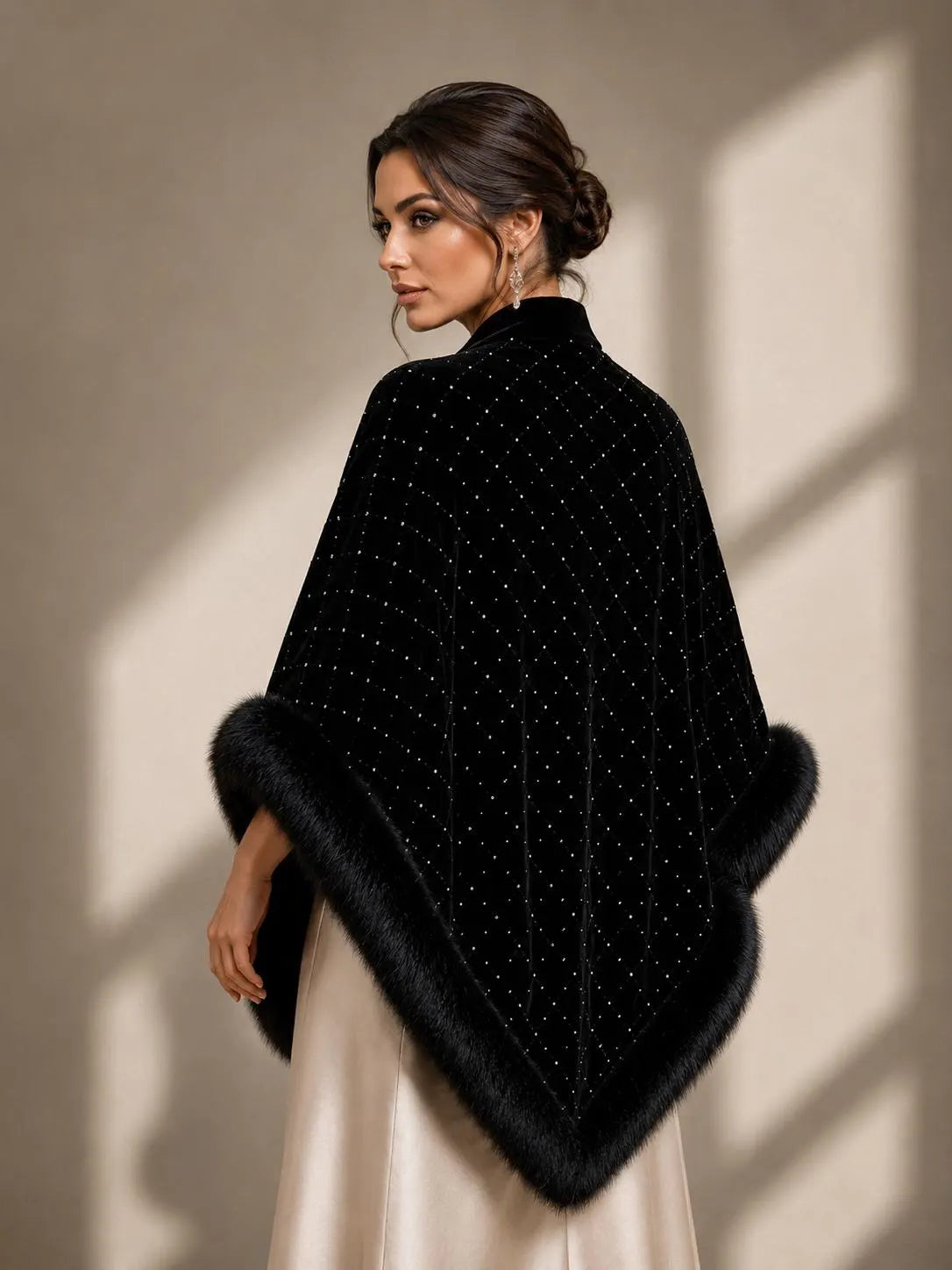 Black Velvet Evening Shawl Fur Trim