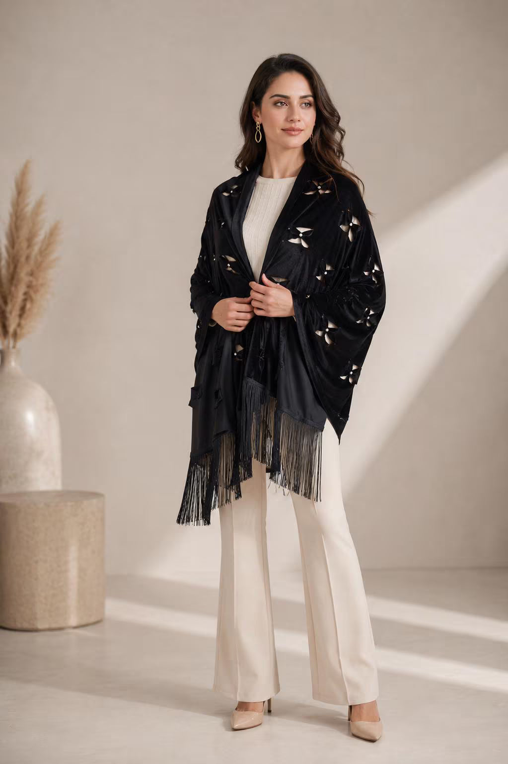 Luxury Velvet Shawl with Handmade Embellishments