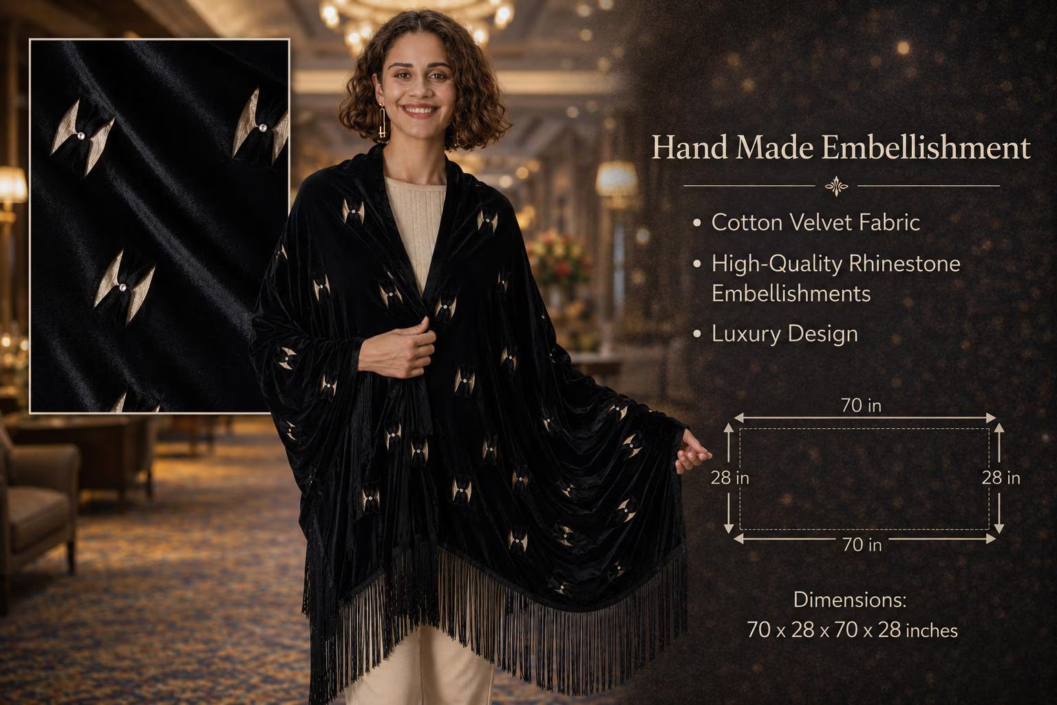 Luxury Velvet Shawl with Handmade Embellishments