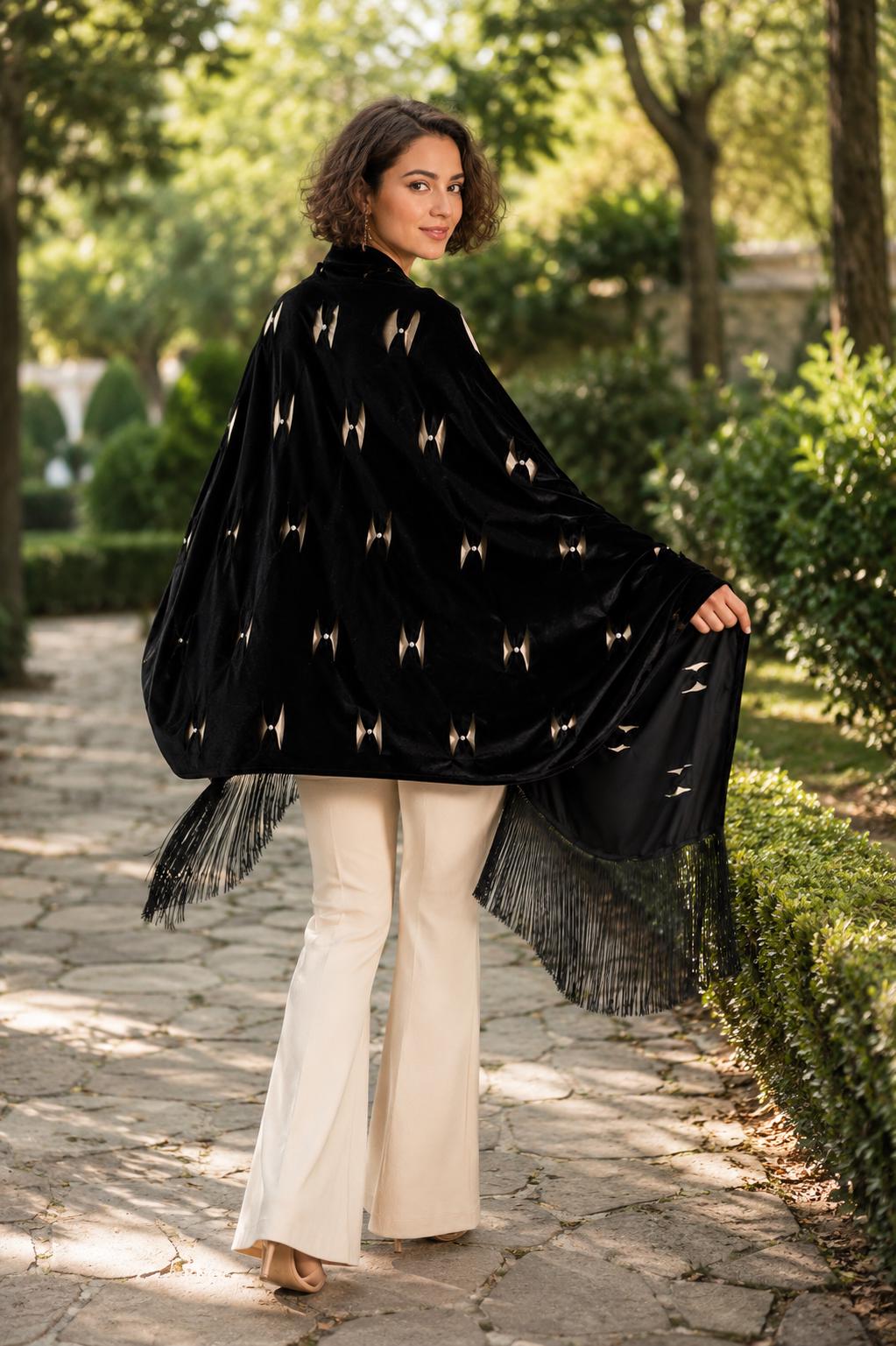 Luxury Velvet Shawl with Handmade Embellishments