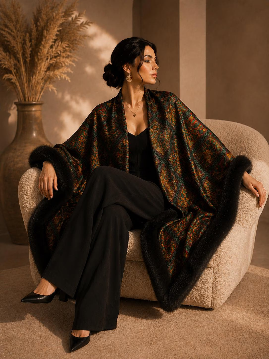 Patterned Velvet Shawl with Faux Fur Trim